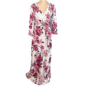 Hello Miz Cream Pink Floral 3/4 Sleeve Maternity Nursing Maxi Dress M Cottage
